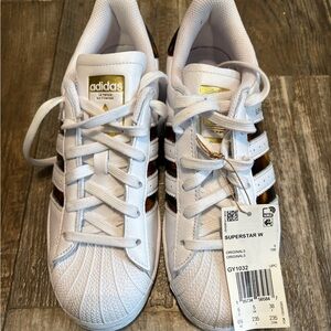 Adidas Kids Superstar White and Gold Sneakers animal print  stripes